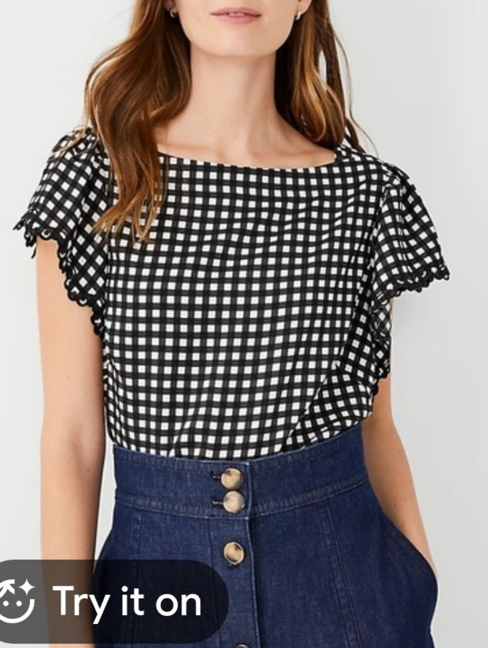 Ann Taylor Black & White Gingham Ruffle Sleeve Top